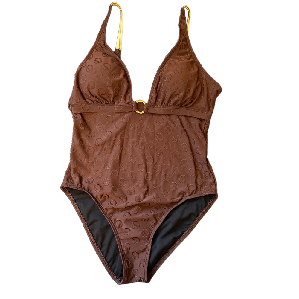 NWT St. John Swim One Piece Monogram Swimsuit Brown Gold Logo Hardware Size 10